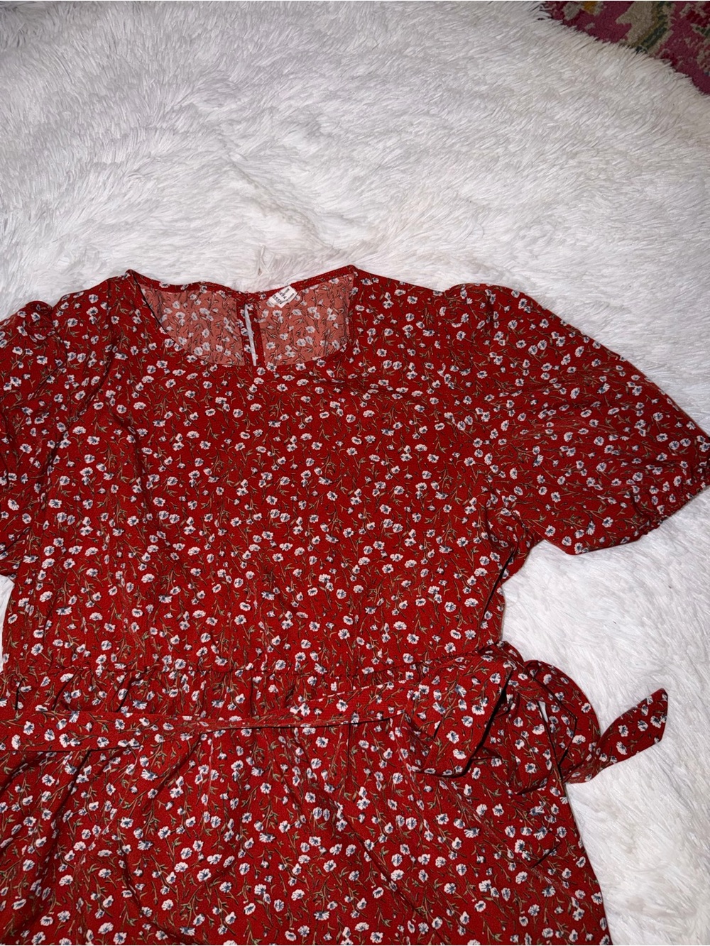 Red Floral Tie Waist Shirt Business Casual